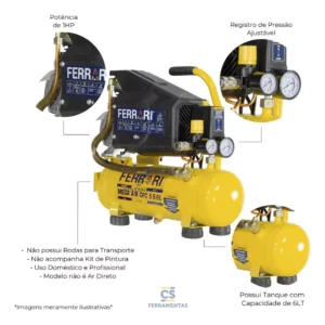 Compressor de Ar Elétrico Portátil Ferrari Mega Air CFC 5,5/6L 1HP 6L 1HP 127V É Bom